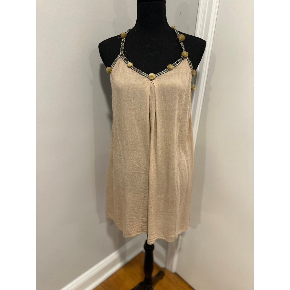 Raviya Pom Pom Trim Strappy Back Cover Up Dress Women Medium Tan Excellent